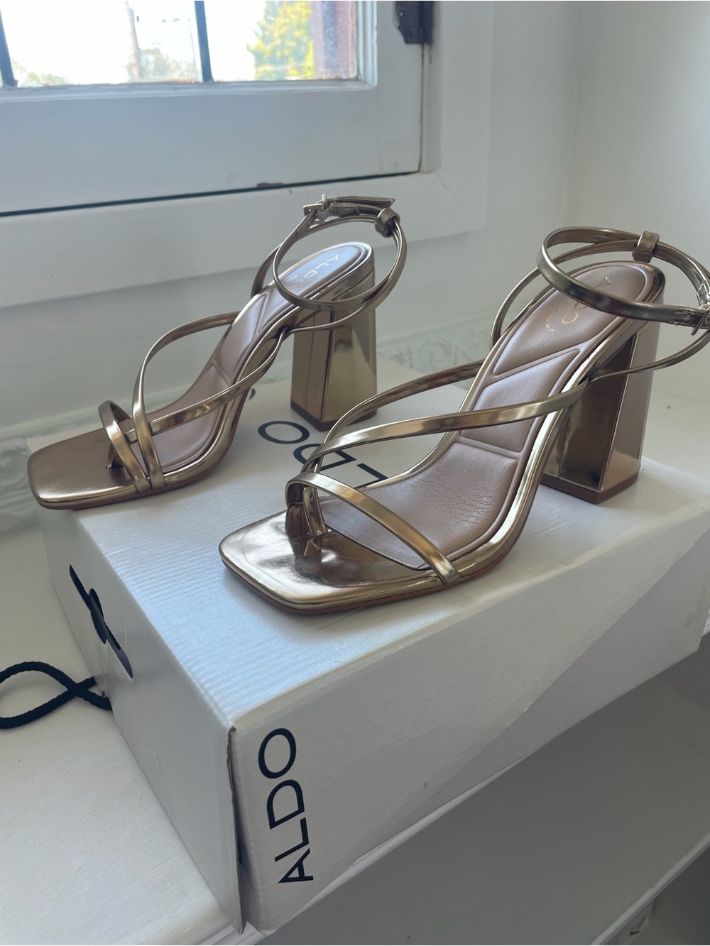 ALDO Gold Metallic Strappy Block Heel Sandals